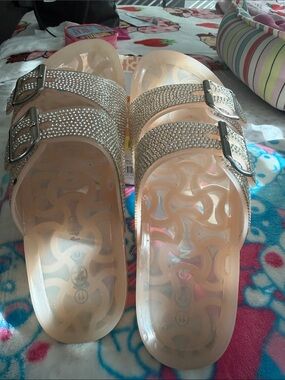 Gianni Bini Nude Crystal-Strap Slide Sandals with Triple Buckles